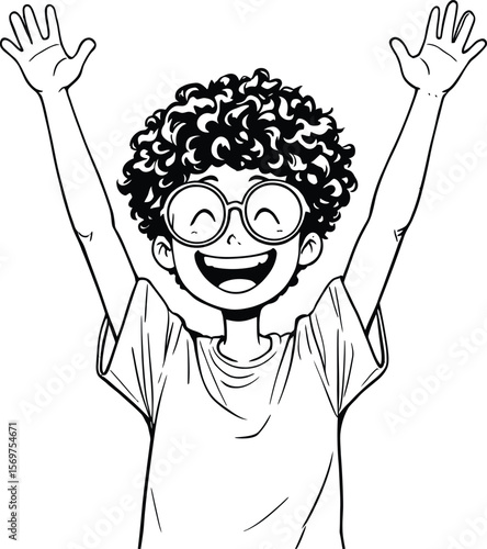 Victory Glow — Silhouette Cartoon Portrait of Smiling Child with Curly Hair, Round Glasses, and Arms Raised in Joyful Triumph