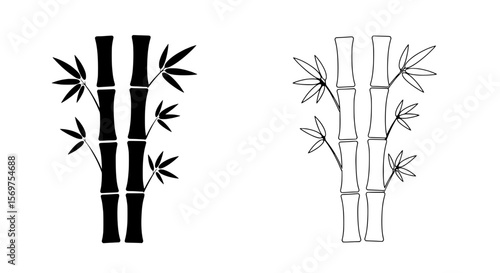 Bamboo Silhouette and Outline: A striking graphical representation of bamboo stalks, showcasing the plant's distinctive segments and delicate leaves in both silhouette and outline styles.