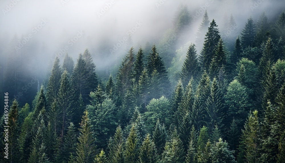 Obraz premium a dense forest with a thick fog covering the trees