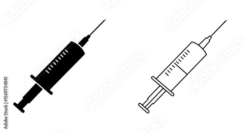 Syringe Icon Set: A simple yet versatile set of syringe icons, featuring both a filled and an outline version, perfect for medical, healthcare, or pharmaceutical applications. 