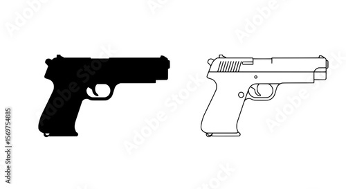Firearm Silhouette: A stark depiction of a handgun, presented in both a solid silhouette and an outlined form, offering a direct and impactful visual representation.
