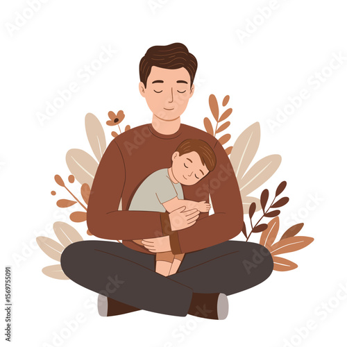 Father holding sleeping child while sitting in a relaxed pose with plants  