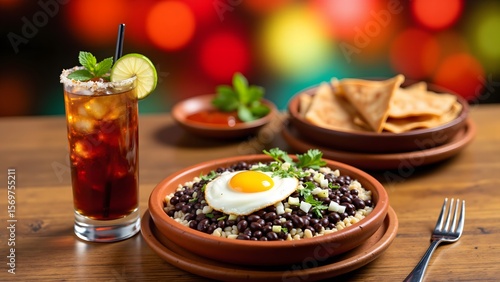 Black Beans and Rice Moros y Cristianos with a Cuba Libre Cocktail, Cuban Food Menu