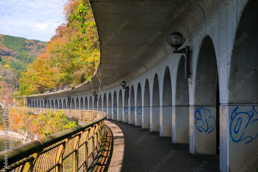 Obraz premium 神奈川県相模原市 秋の相模湖、嵐山洞門の遊歩道