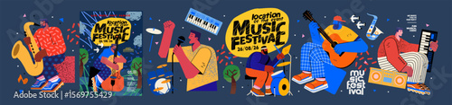 Musical band. Music summer festival. Vector illustrations of musicians, people and instruments: drums, cello, synthesizer, saxophone, guitar and singer with microphone for poster or background.
