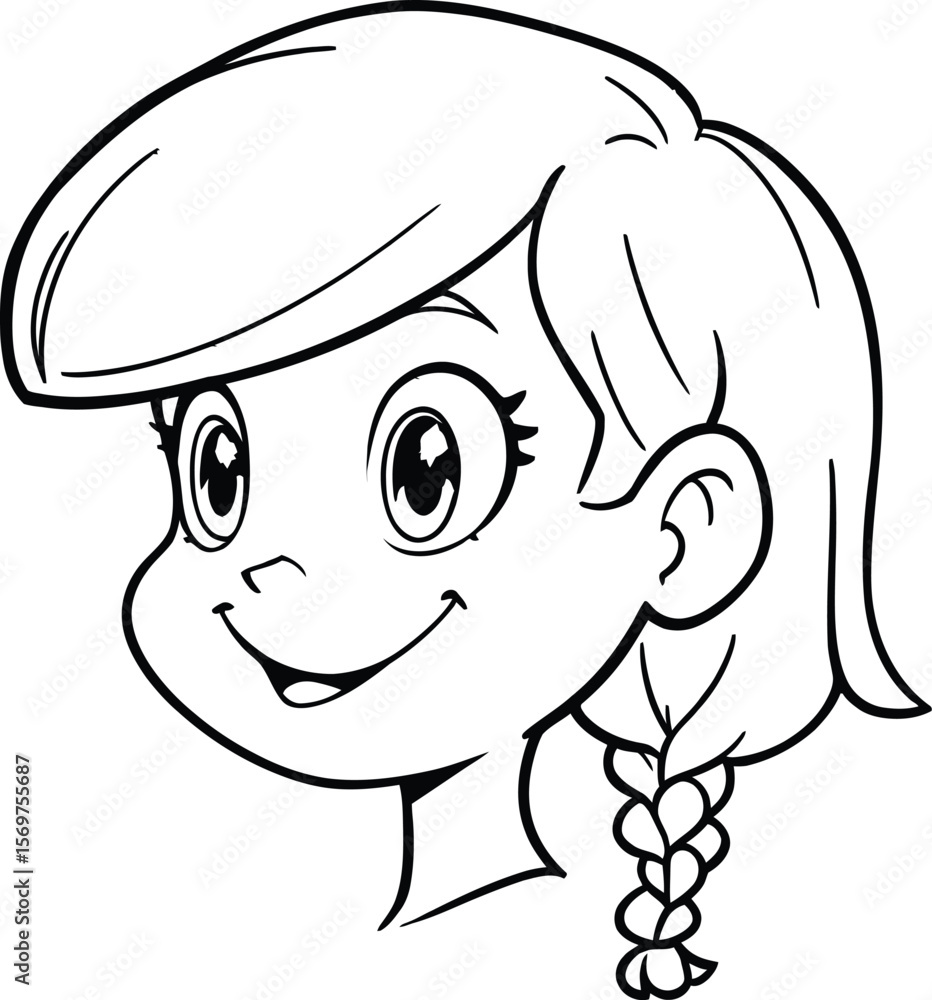 Obraz premium Braided Glow — Silhouette Cartoon Portrait of Smiling Girl with Side Braid, Straight Bangs, and Large Expressive Eyes