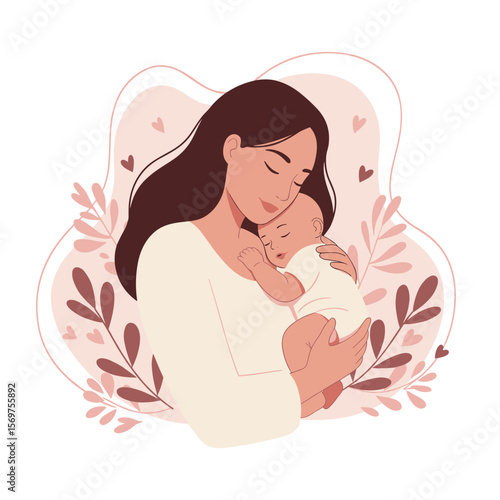 Mother holding sleeping baby with love in pastel floral background  