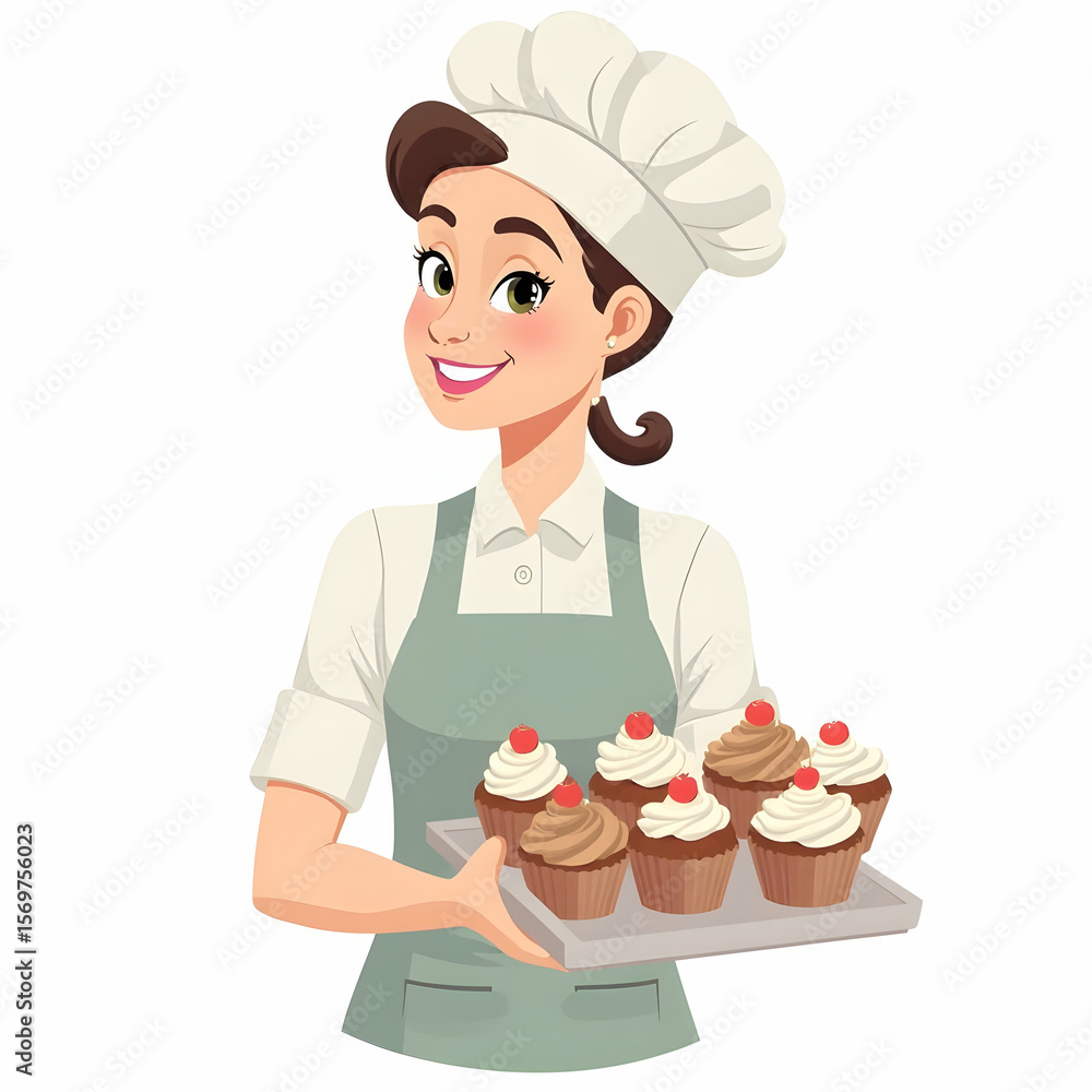 Woman Baker Holding Tray of Cupcakes with Cherry Topping Woman Baker Holding Tray of Cupcakes with Cherry Topping