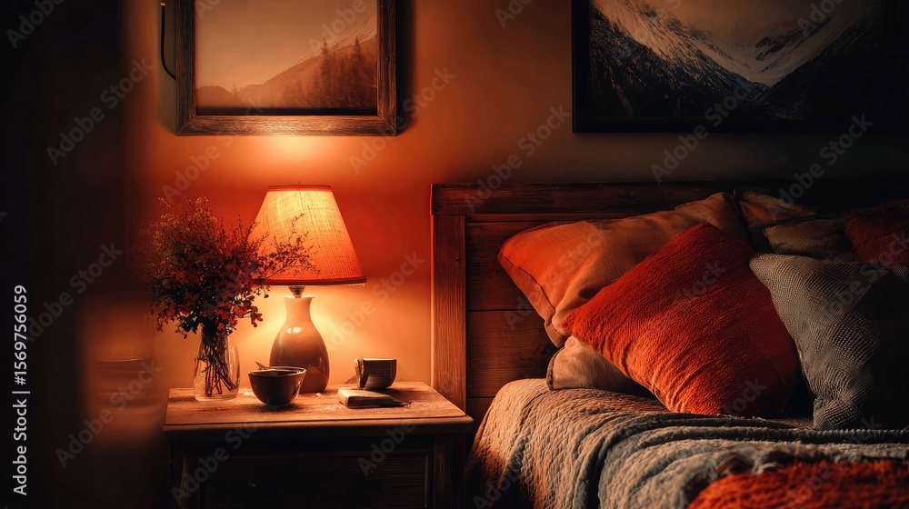Fototapeta premium Cozy bedroom corner with warm bedside lamp light reflecting on wall art and linens