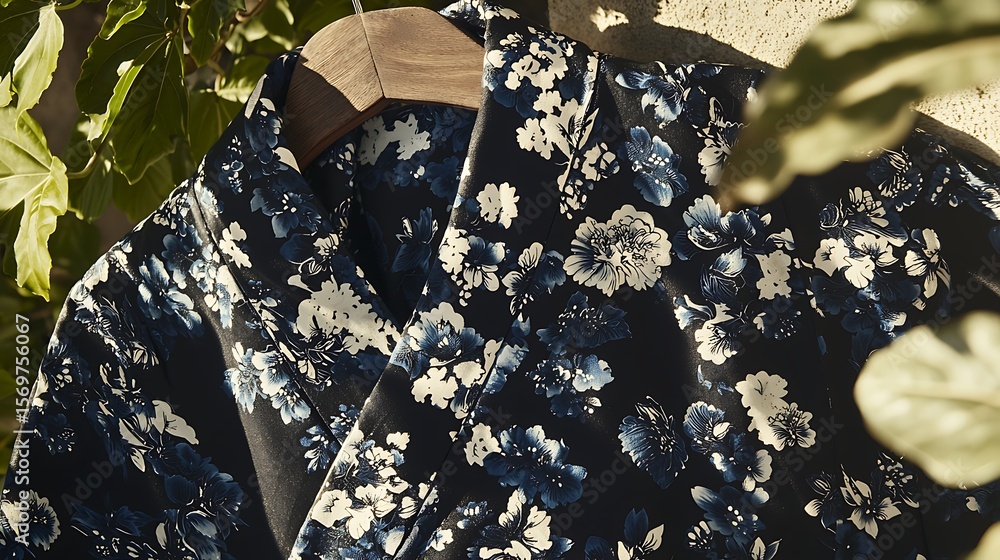 Naklejka premium Soft light casting delicate shadows on a traditional yukata draped over a worn wooden hanger in a serene, old interior