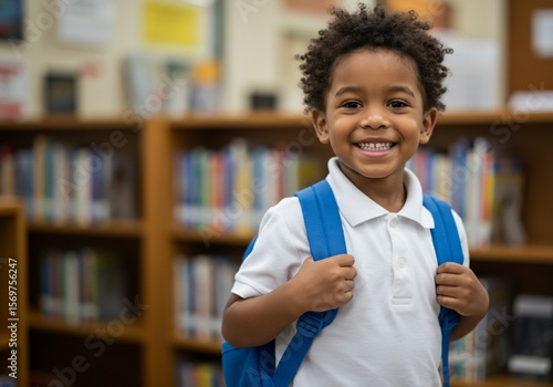 Smiling young boy with backpack in library, ready for school