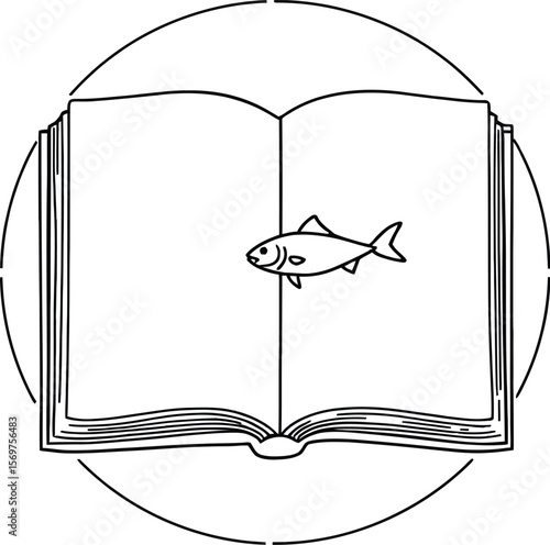 Sacred Verses — Silhouette Illustration of Open Book with Central Fish Emblem Framed by Circular Border in Spiritual Minimal Design