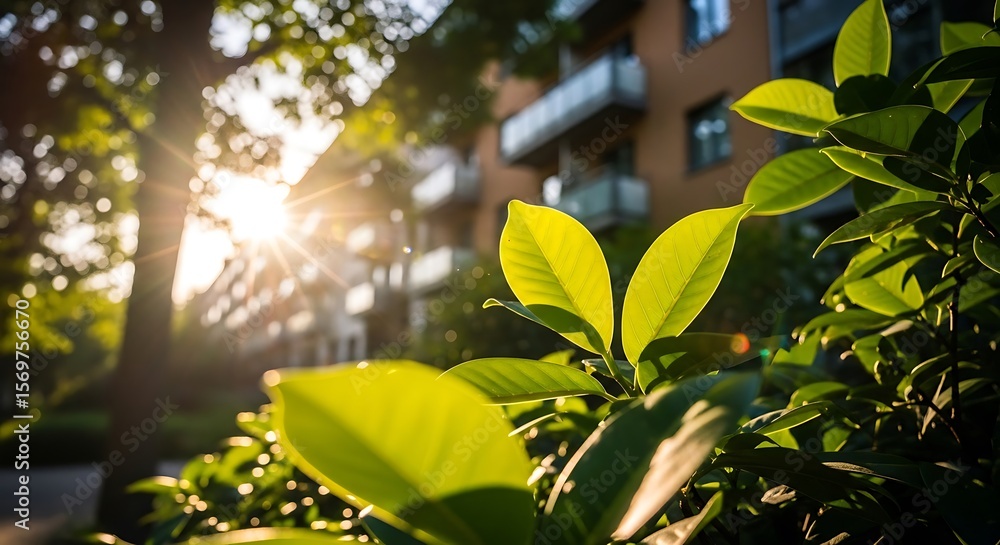Obraz premium Sunlit Urban Greenery with Residential Backdrop