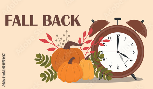 Alarm with pumpkins. Hand drawn Fall back banner. Change your clocks. 