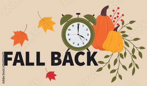 Change your clocks. Hand drawn fall back. Alarm with pumpkin and maple leaves