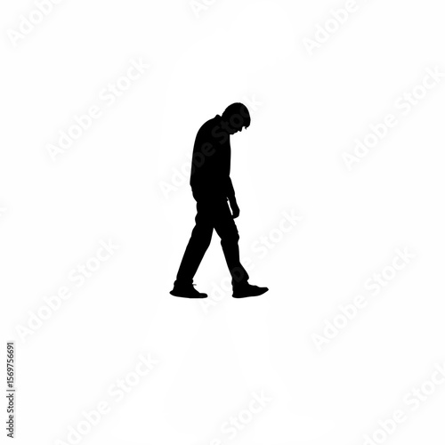 Silhouette of man walking slowly in disappointment on white background