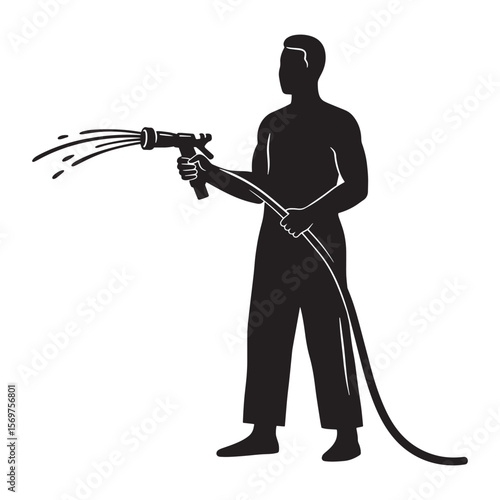 Silhouette of a man holding a water hose and spraying water vector illustration