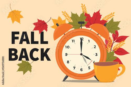 Fall back banner. Change your clocks card for Daylight Saving Time. Clocks with coffee and leaves. Vector illustration	