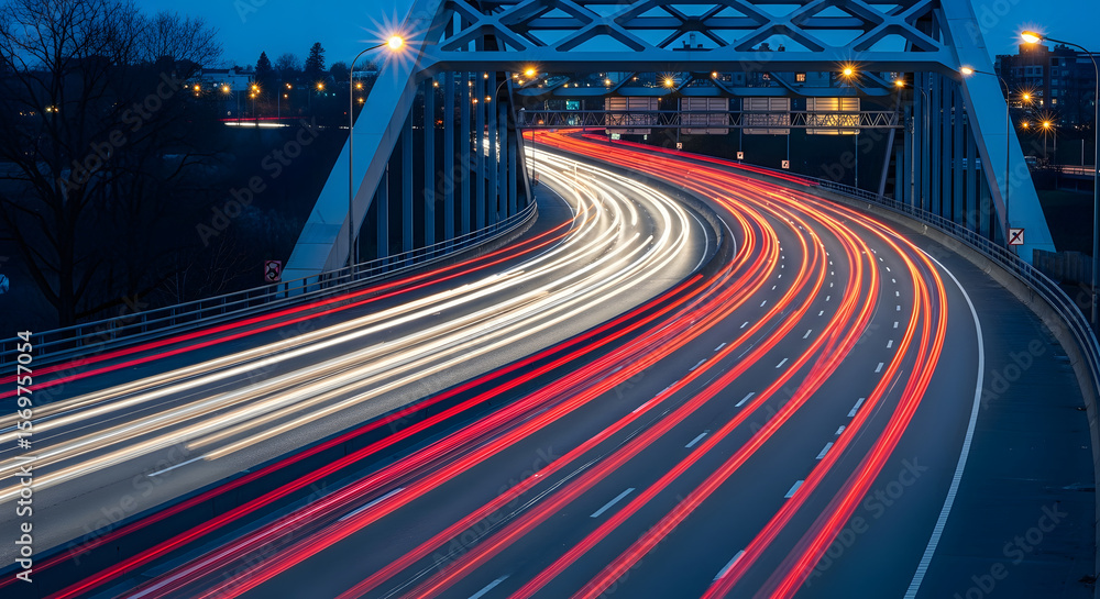 Obraz premium Nighttime City Bridge with Moving Car Light Trails on Curved Road