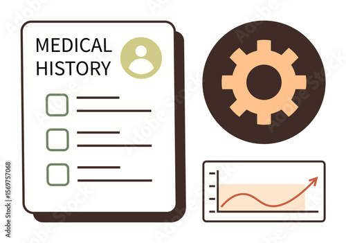 Medical history document with checklist, graph showing upward trend, and gear icon. Ideal for healthcare analytics, patient management, medical progress, data interpretation, diagnostics, health