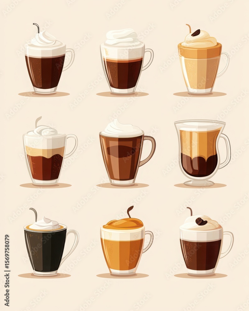Obraz premium A collection of various coffee drinks in decorative mugs with whipped cream on top