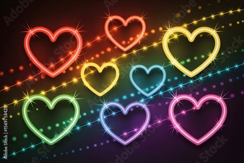 Colorful Neon Hearts with Sparkling Effects and Bokeh Lights on Dark Background for Valentine's Day and Love Themes