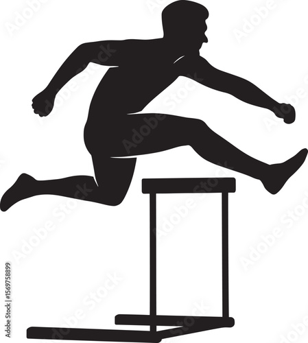 Male Hurdler Silhouette Vector – Track and Field Athlete Jumping Over Hurdles Isolated on White Background
