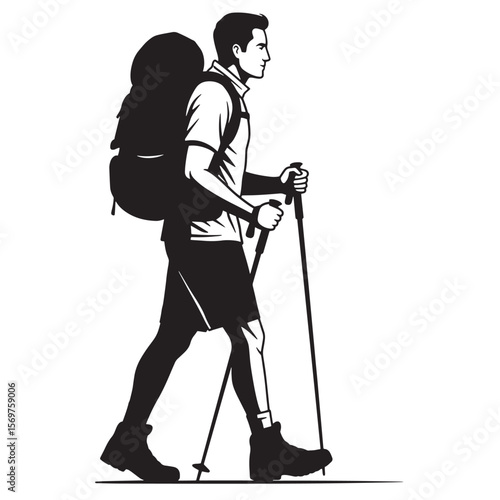 Vector illustration of a hiker walking with backpack and trekking poles on white background