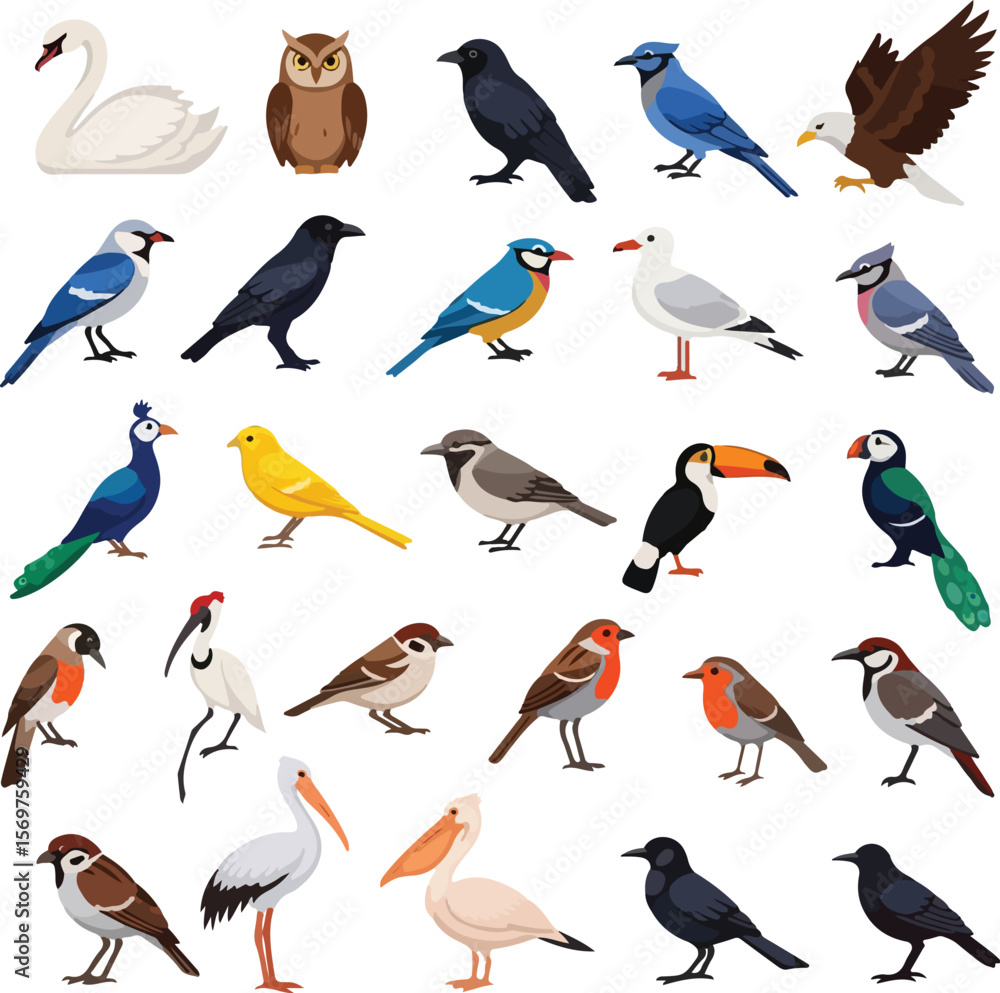 Naklejka premium Colorful Bird Vector Collection – Flat Cartoon Birds Icons Set for Wildlife & Nature Design