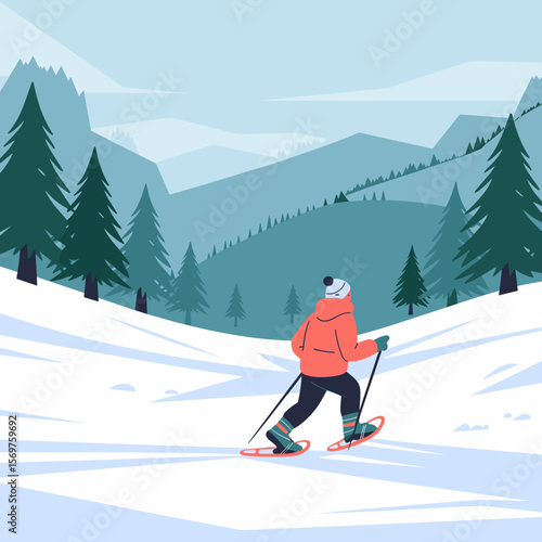 Winter Snowshoeing Through Pine Forest Trail