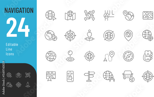 Navigation Editable Icons set. Vector illustration in modern thin line style of location related icons: map, compass, direction, and more. Isolated on transparent background.
