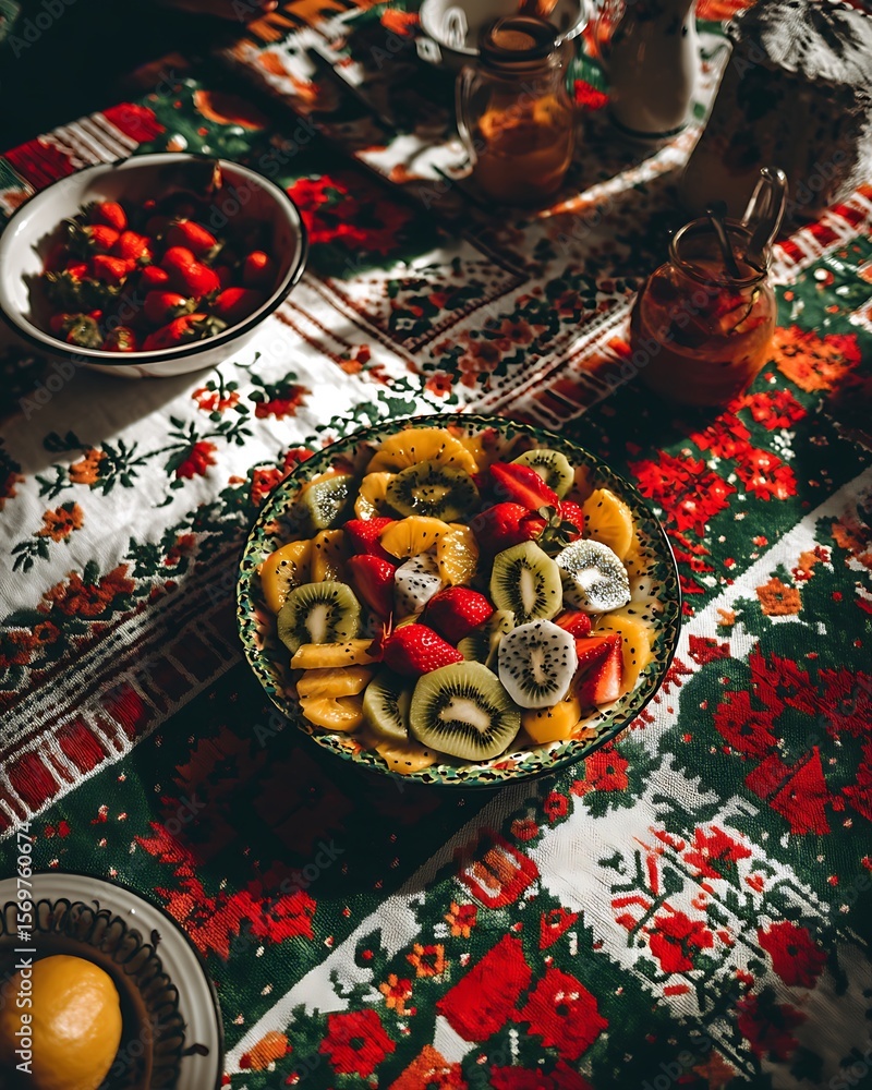 Fototapeta premium A refreshing and colorful fruit salad on a beautifully patterned tablecloth