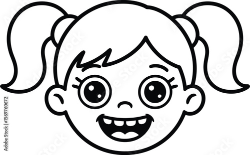 Playful Twin Ponytails — Silhouette Cartoon Portrait of Smiling Child with Wide Eyes, Rounded Cheeks, and Symmetrical Ponytail Hairstyle