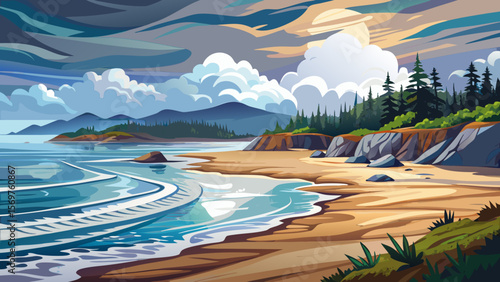 Tofino, British Columbia – Wet sandy shores meet gentle waves and a soft springtime cloudy sky, offering a calm, inspiring coastal mood.