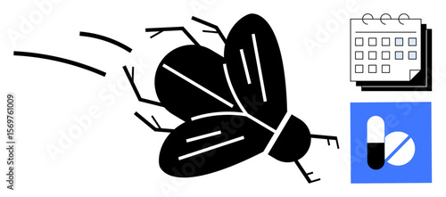 Black fly in flight alongside a calendar and medicine icons, representing pest control, health scheduling, and solutions. Ideal for environmental issues, healthcare planning, biology, public health