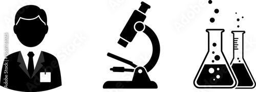 Science research lab equipment including microscope and beakers with a scientist icon vector graphic editable