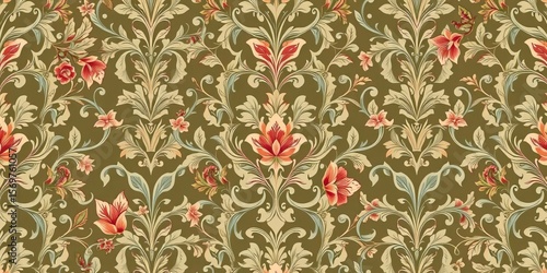Intricate floral damask wallpaper with swirling vines and leaves in a repeating pattern, design, background