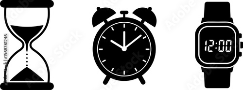 Hourglass alarm clock digital watch time management concept vector illustration icon set black and white editable