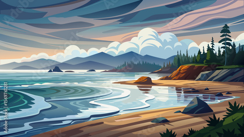 Tofino, British Columbia – Wet sandy shores meet gentle waves and a soft springtime cloudy sky, offering a calm, inspiring coastal mood.