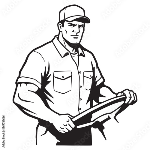 Vector illustration of a strong truck driver steering wheel and wearing a cap
