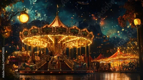A whimsical carousel under a starry, fantastical night sky