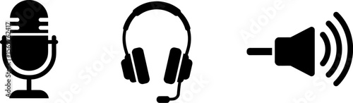 Audio equipment icons: microphone, headphones, and speaker for podcasting and music production use cases editable