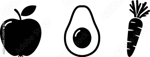 Healthy eating icons: apple avocado carrot vector illustration for diet nutrition and wellness design editable