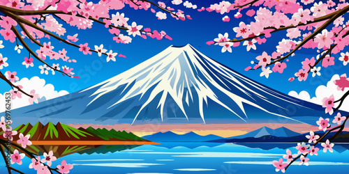 Vector illustration of a winter mountain landscape with a Christmas tree in the snow, contrasting with a tropical island beach scene under a summer sky with palm trees and ocean waves