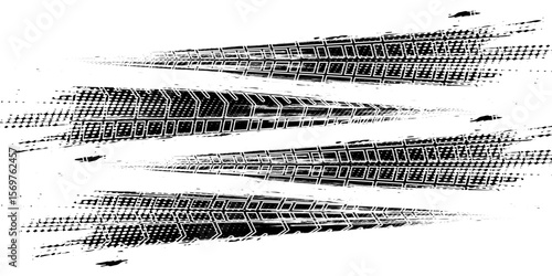 Tire tread marks, wheel textures, tire marks - car racing, motocross, drift, rally, off-road and others. Vector black isolated texture in grunge style with splashes. vector background