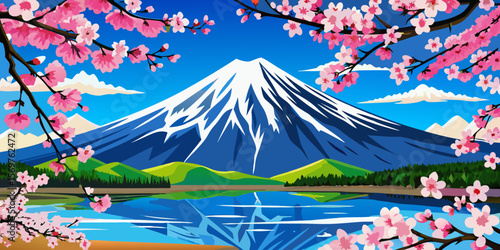 Vector illustration of a winter mountain landscape with a Christmas tree in the snow, contrasting with a tropical island beach scene under a summer sky with palm trees and ocean waves