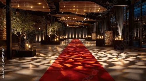 Elegant red carpet walkway under glowing light accents, ceiling reflecting patterns and shadows
