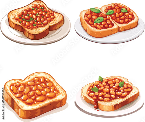 Delicious Toasted Bread With Baked Beans Breakfast cartoon vector style on white background