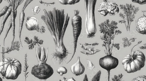Hand-drawn vegetables and herbs forming a repeating seamless kitchen pattern