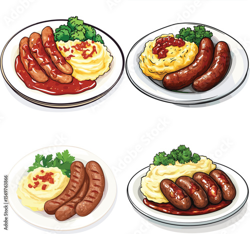 Delicious British Bangers And Mash Dinner Plate cartoon vector style on white background